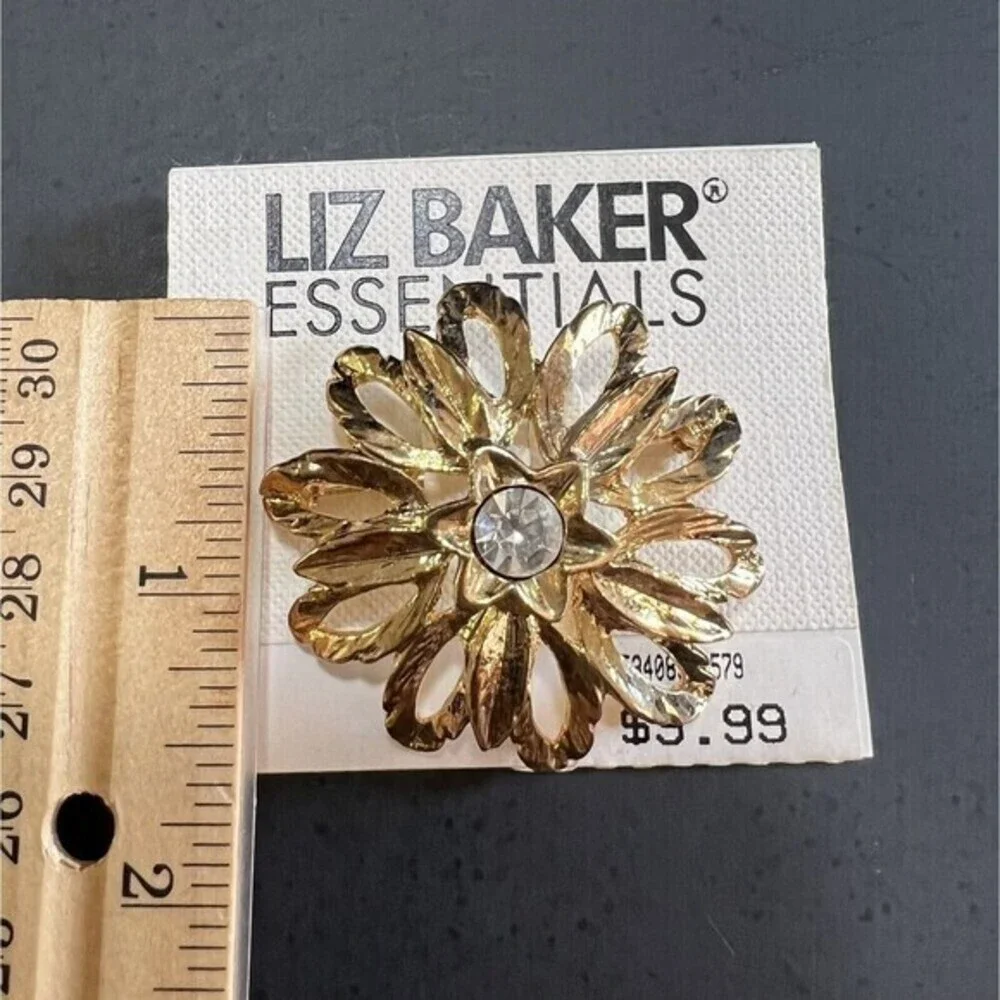 Golden Liz Baker Essentials Flower Brooch w/ Rhinestone Elegant Vintage Jewelry‎